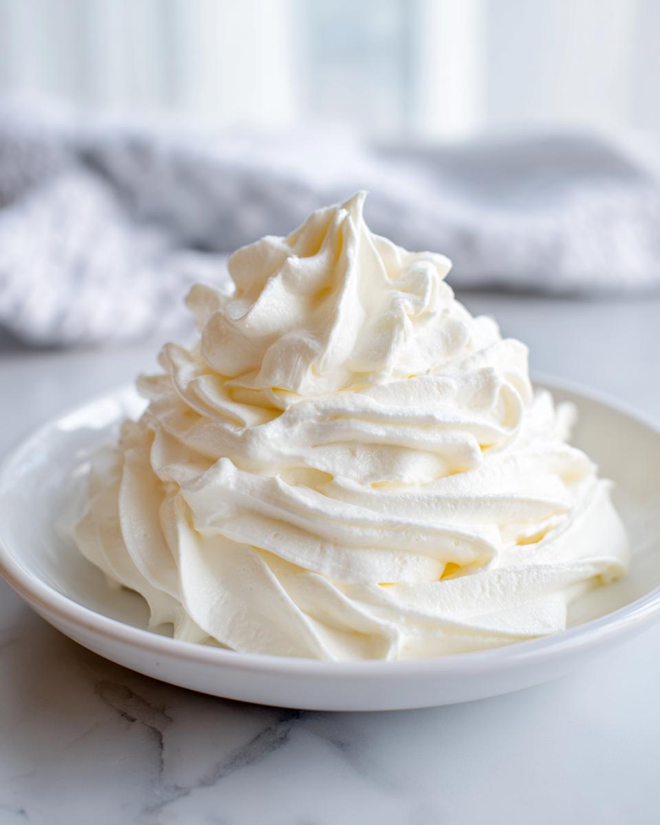 A perfect swirl of fluffy, white vanilla buttercream frosting served in a small white bowl.