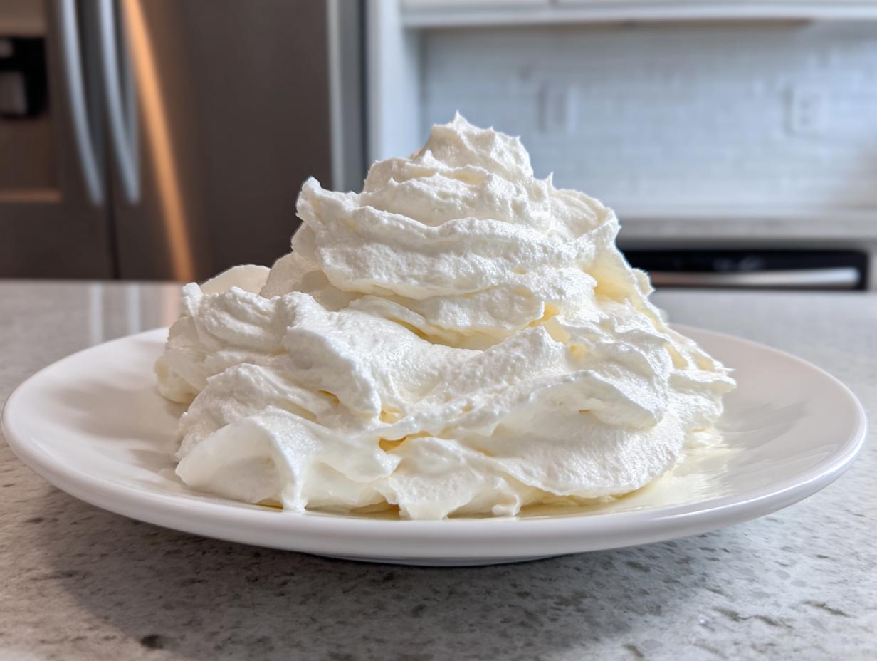 A large, fluffy swirl of white vanilla buttercream frosting served on a small white plate.