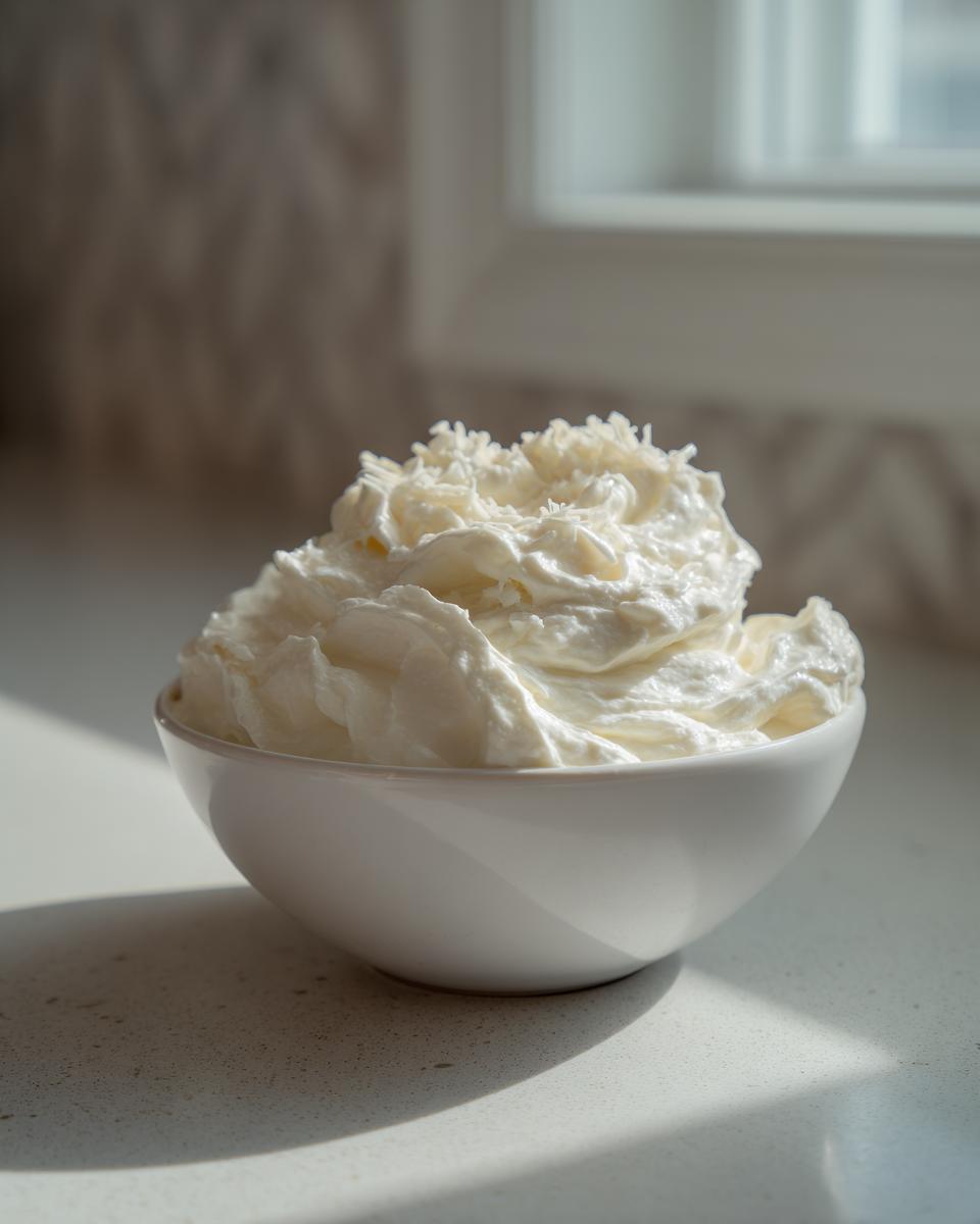 A white bowl filled with thick, creamy white pizza sauce, ready to be used.