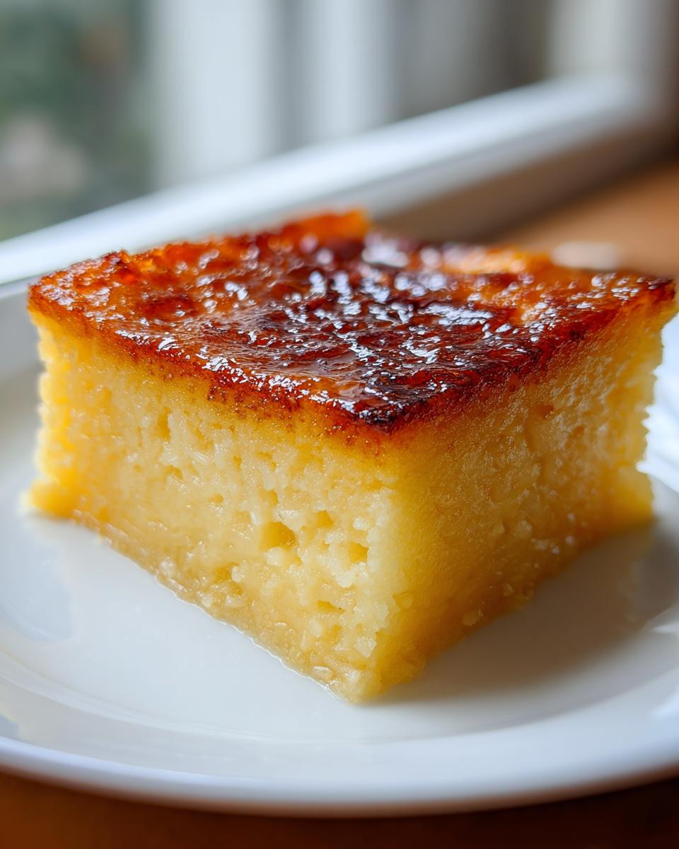 Close-up of a moist, square slice of cassava cake with a glossy, caramelized brown top, served on a white plate.