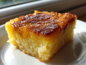 A close-up shot of a moist, square slice of cassava cake with a shiny, caramelized, golden-brown top, resting on a white plate.