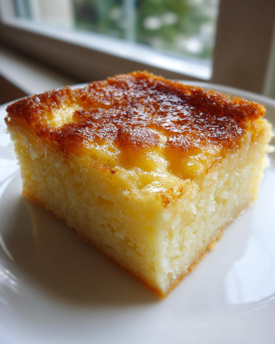 Close-up of a square slice of moist cassava cake showing its dense texture and caramelized golden-brown top.