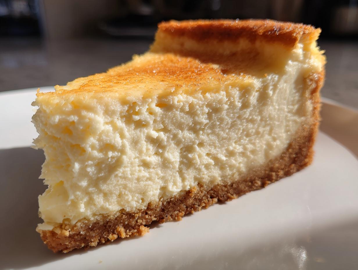 Close-up of a thick, creamy slice of white chocolate cheesecake with a golden-brown top and graham cracker crust.