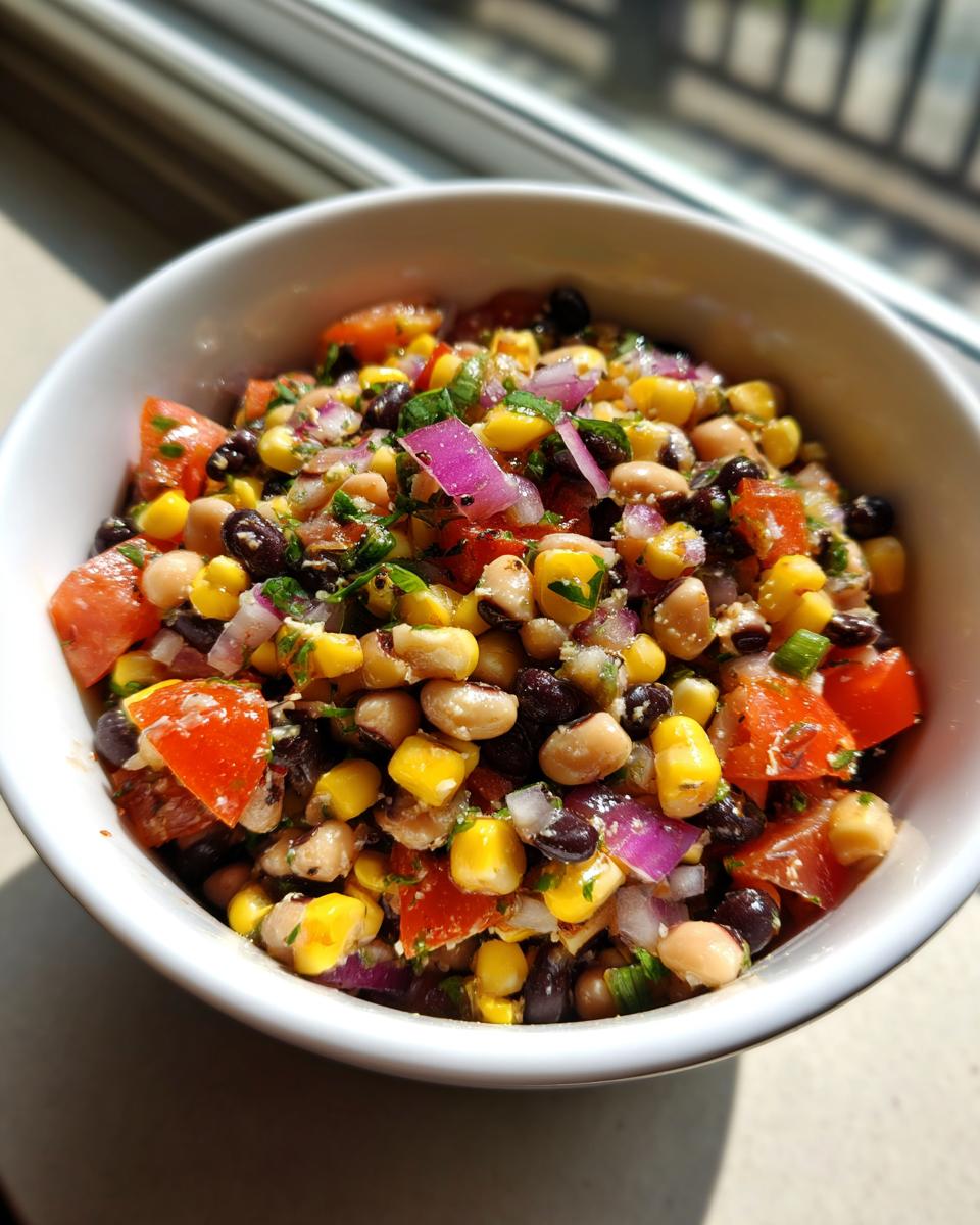 Close-up of vibrant cowboy caviar featuring black beans, corn, tomatoes, and red onion in a white bowl.