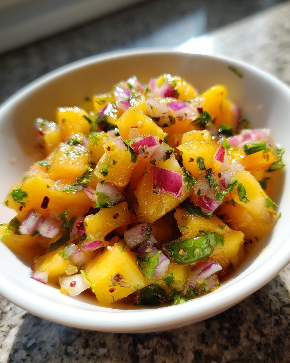 Close-up of vibrant yellow peach salsa mixed with diced red onion and green cilantro in a small white bowl.