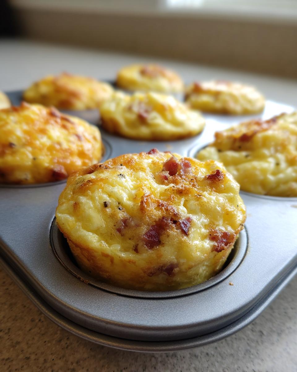 Close-up of freshly baked, golden-brown bacon and cheese egg bites still sitting in a metal muffin tin.