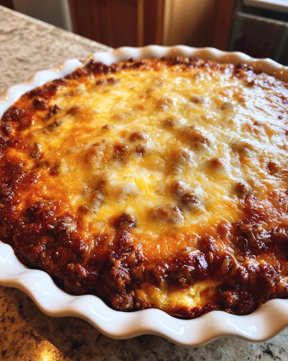 Close-up of hot, bubbly texas trash dip topped with melted golden cheese in a white fluted pie dish.