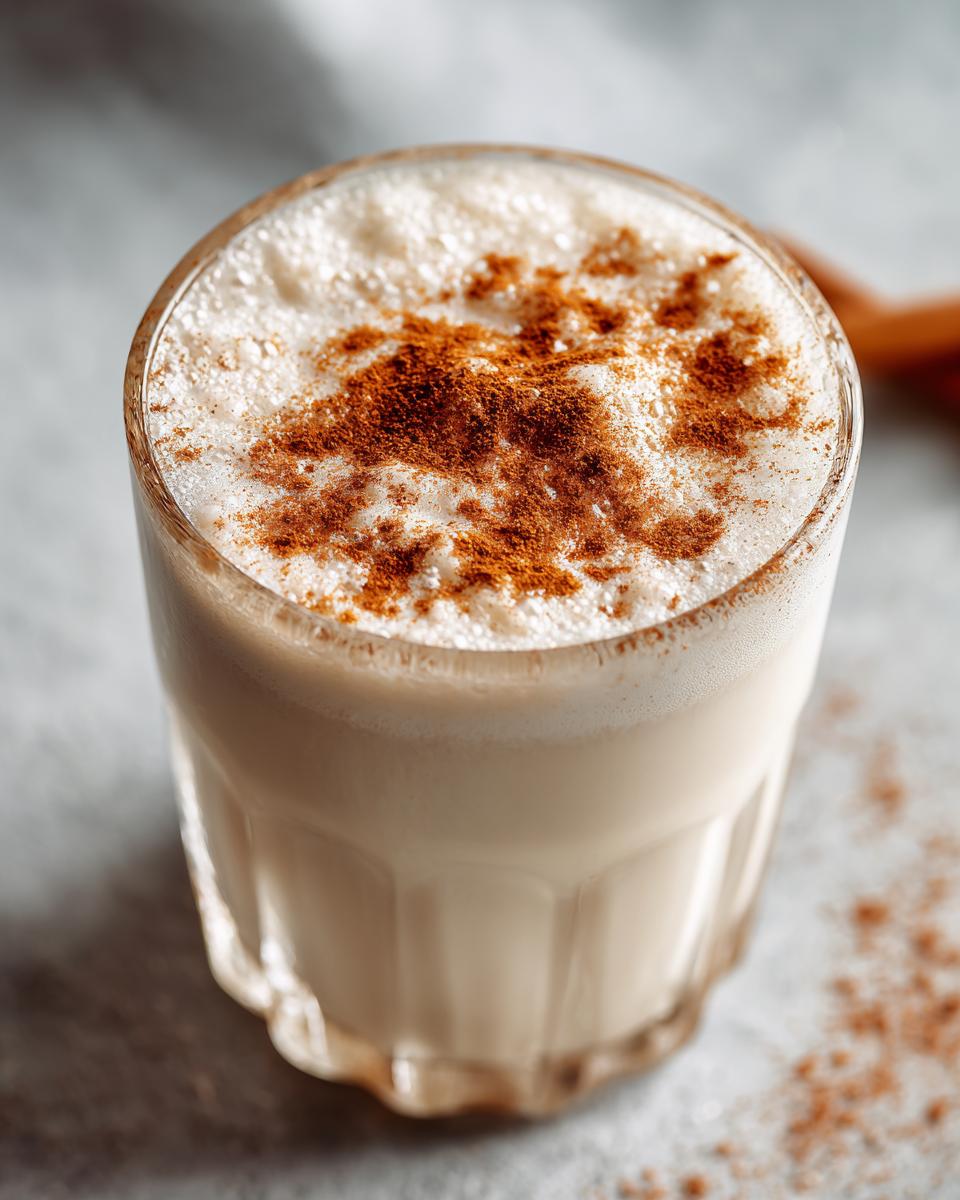A close-up, overhead view of a glass filled with creamy coquito topped with a dusting of cinnamon.