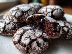 Close-up of fudgy chocolate crinkle cookies dusted with powdered sugar, one cookie broken open to show the rich interior.