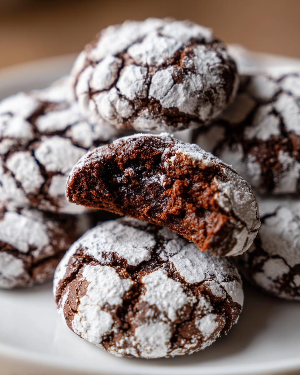 Close-up of fudgy chocolate crinkle cookies dusted heavily with powdered sugar, one cookie broken open.