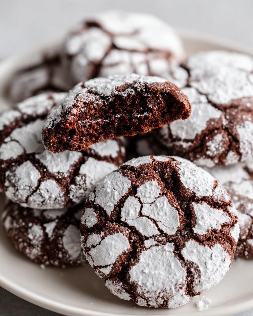 A close-up of fudgy chocolate crinkle cookies dusted heavily with powdered sugar, one cookie broken open.