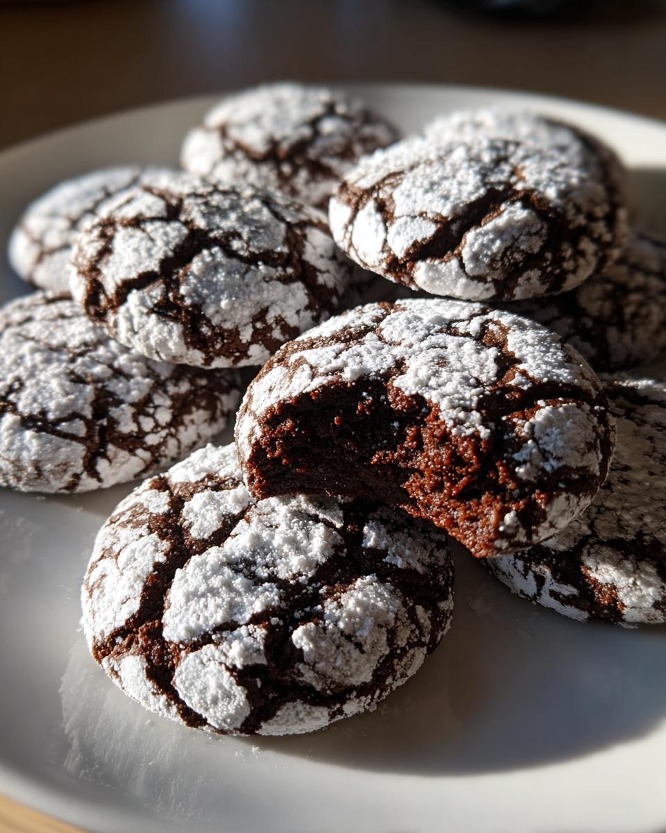 A close-up of several fudgy chocolate crinkle cookies dusted heavily with powdered sugar, one cookie is broken open.