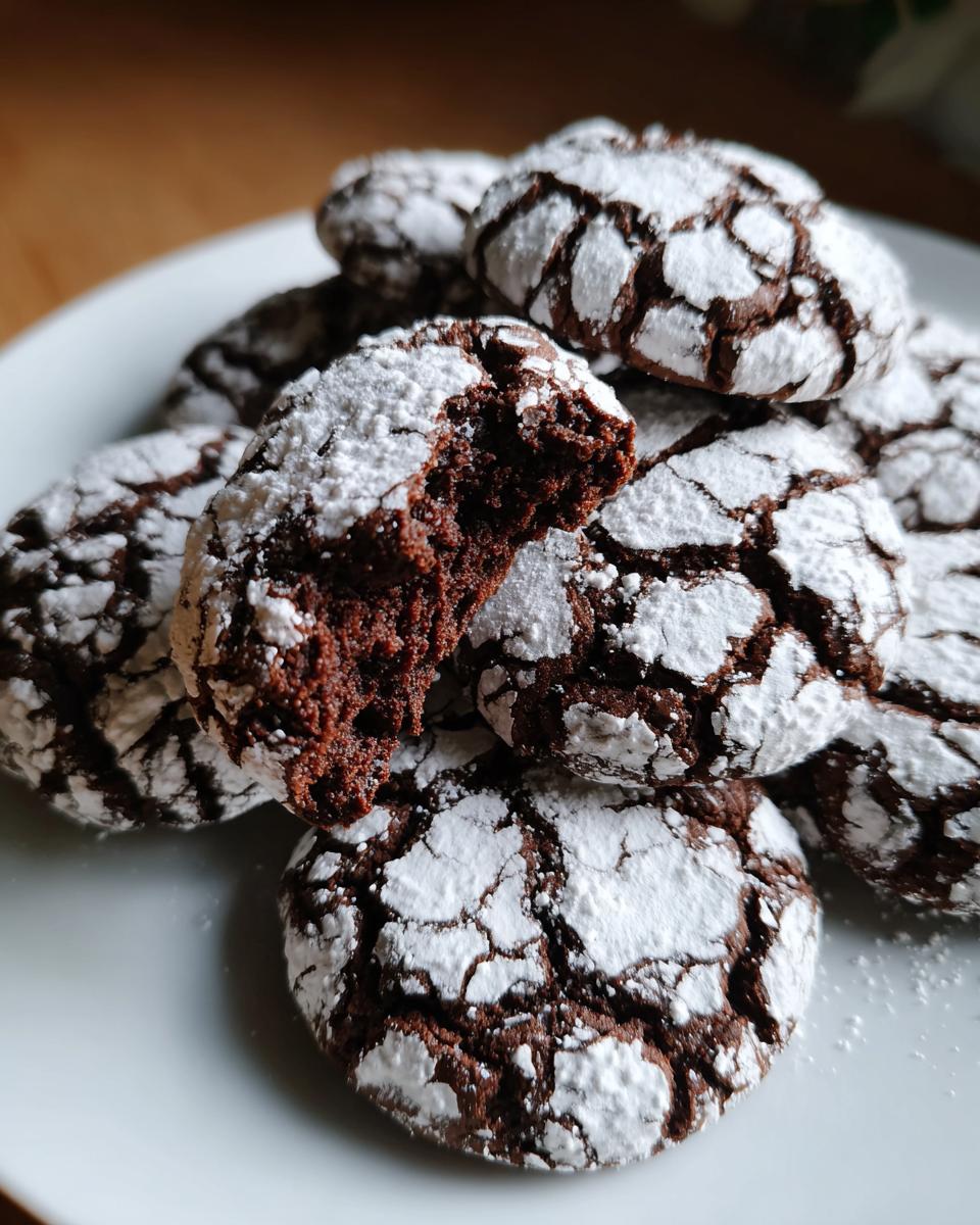 A pile of fudgy chocolate crinkle cookies dusted heavily with powdered sugar, one cookie is broken open.