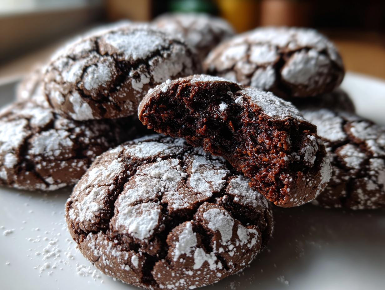 Close-up of fudgy chocolate crinkle cookies dusted with powdered sugar, one cookie broken open to show the rich interior.