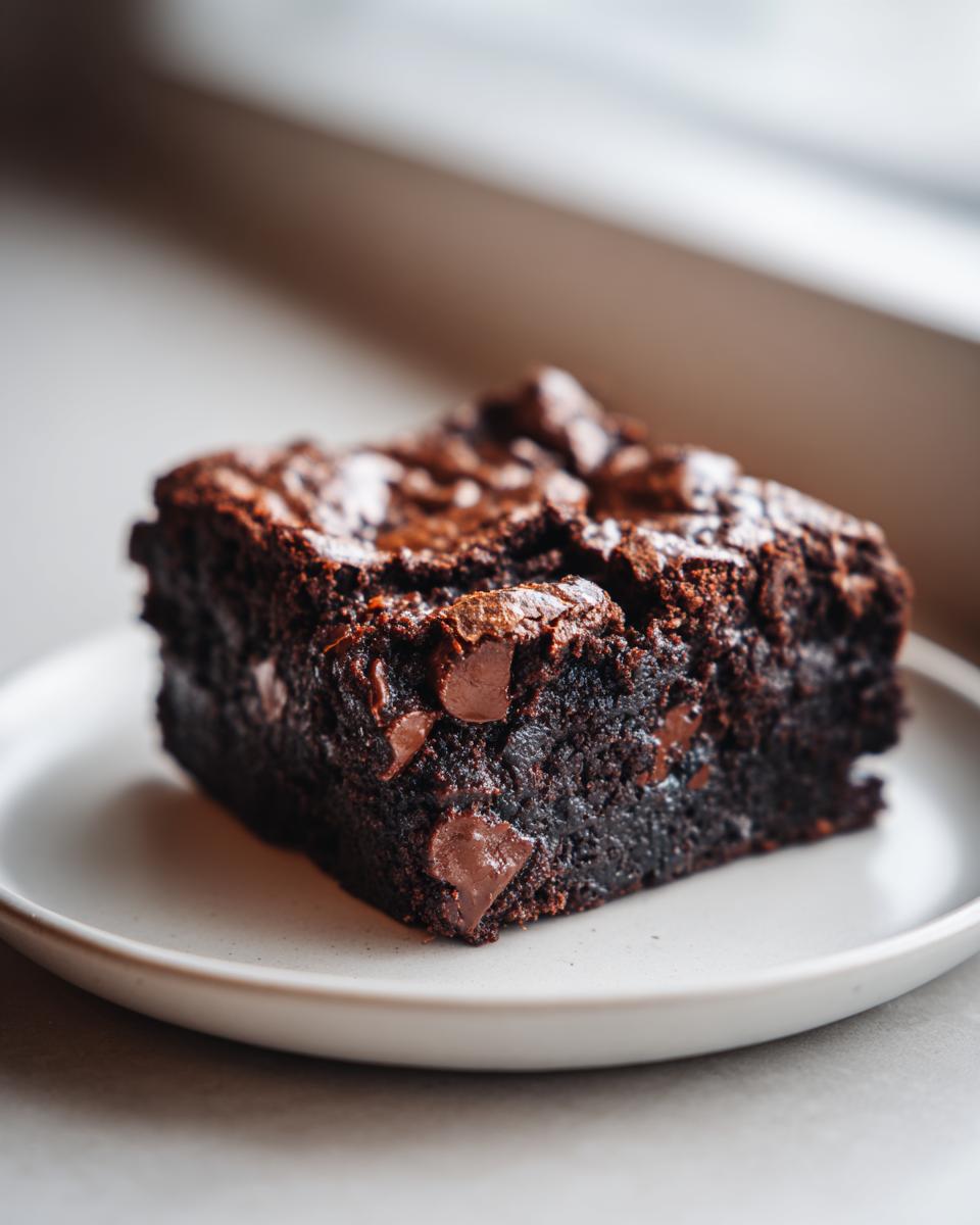 A close-up of a single, rich, fudgy date brownies slice with visible chocolate chunks on a light plate.