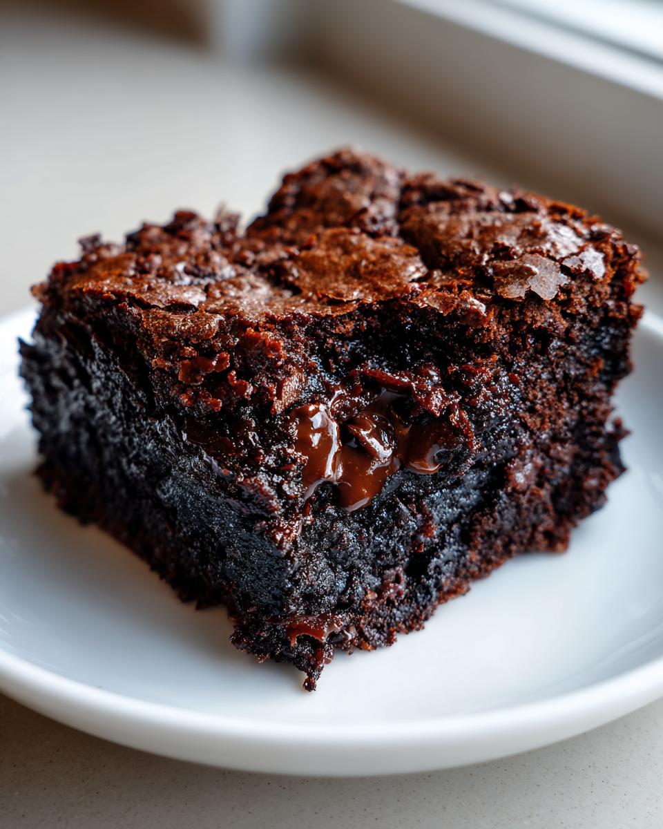 Close-up of a rich, dark, fudgy slice of date brownies with a gooey melted chocolate center.