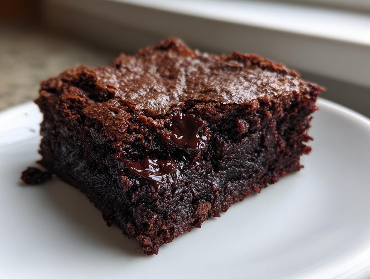 A close-up of a rich, fudgy slice of date brownies sitting on a white plate, showing a shiny, cracked top and melted chocolate chips.