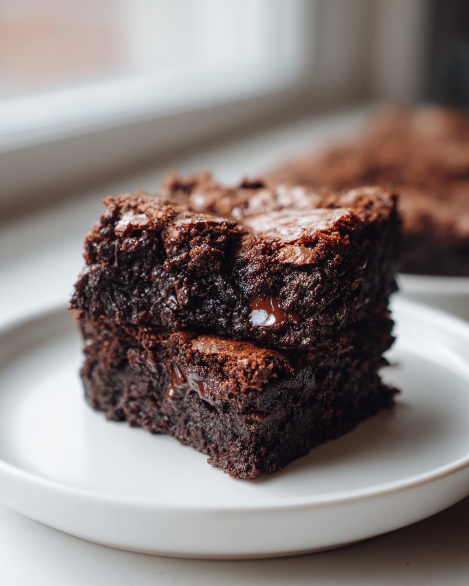 Two stacked, fudgy date brownies with melted chocolate chips sitting on a white plate.