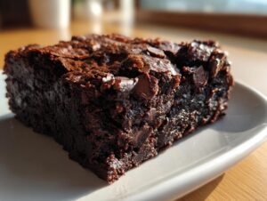 Close-up of a fudgy square of sweet potato brownies topped with melted chocolate chips on a white plate.