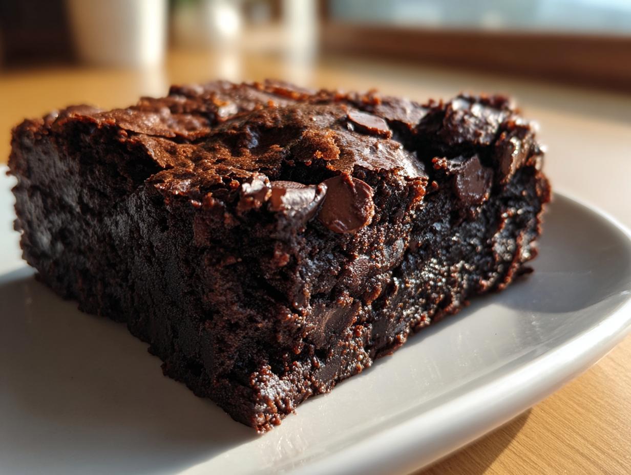 Close-up of a fudgy square of sweet potato brownies topped with melted chocolate chips on a white plate.