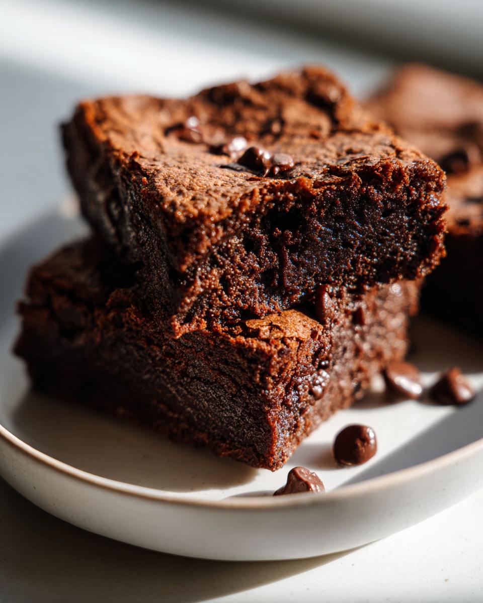 Close-up of two stacked, fudgy sweet potato brownies topped with chocolate chips on a light plate.