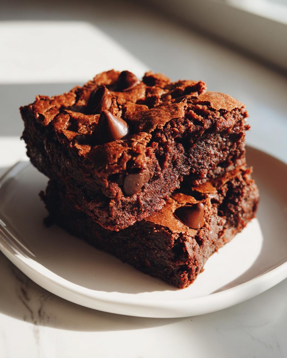 Two fudgy sweet potato brownies stacked on a white plate, topped with chocolate chips.