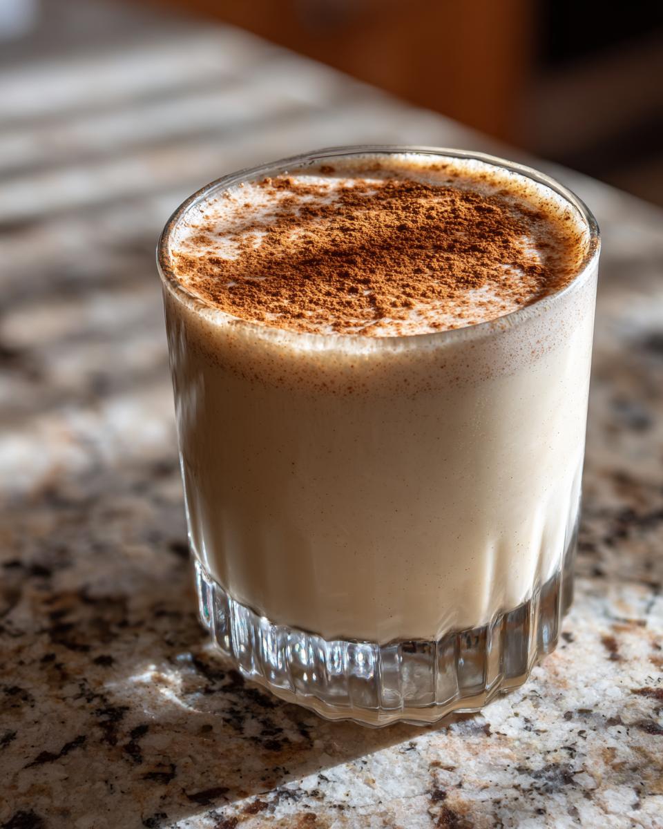 A close-up of a glass filled with creamy, beige coquito topped generously with ground cinnamon.