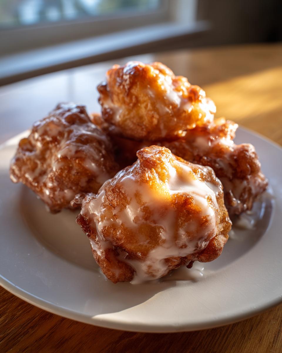 A close-up of several golden brown, glazed apple fritter pastries piled on a white plate.