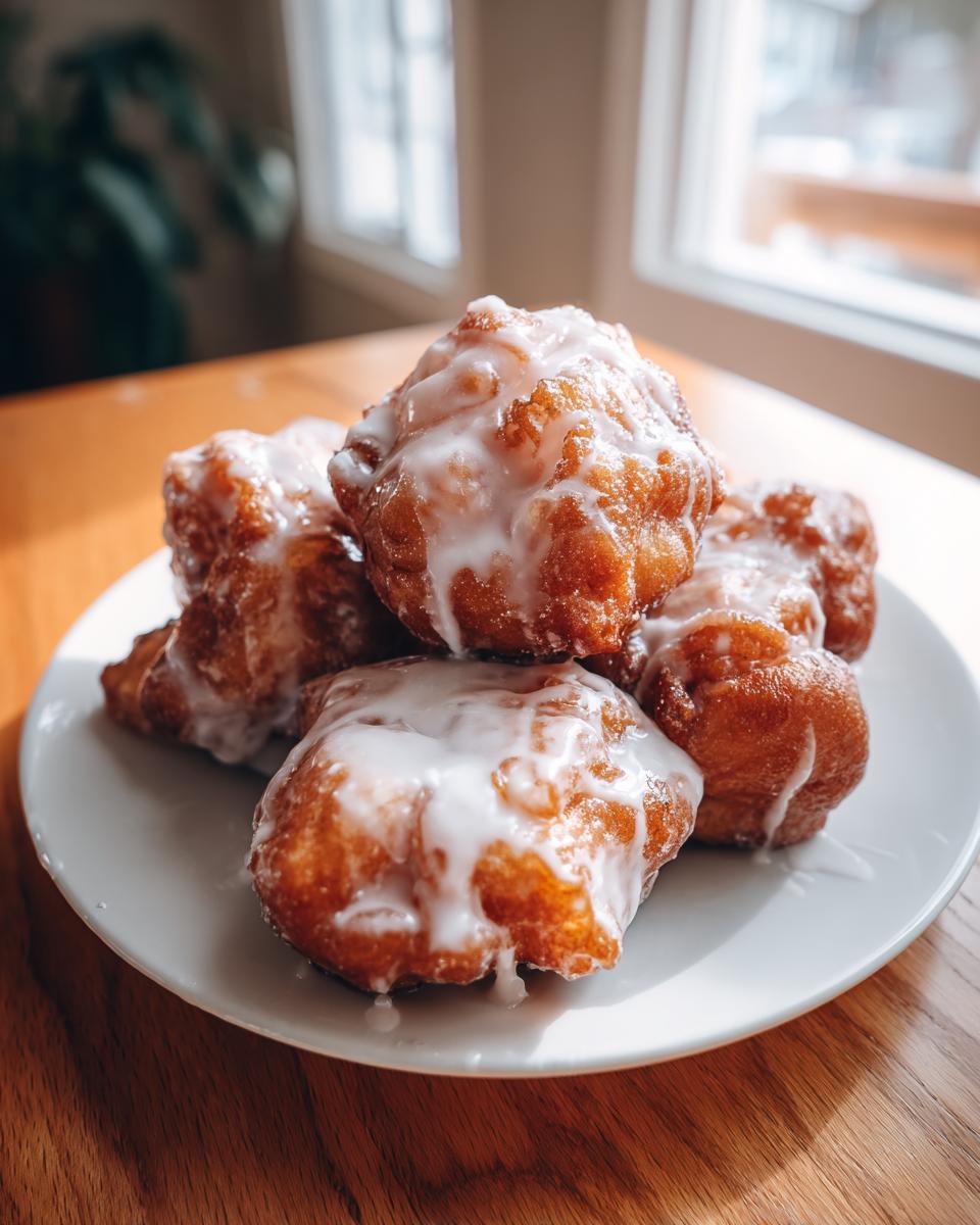 A stack of freshly fried, golden brown apple fritter mounds covered in thick white glaze, resting on a white plate.