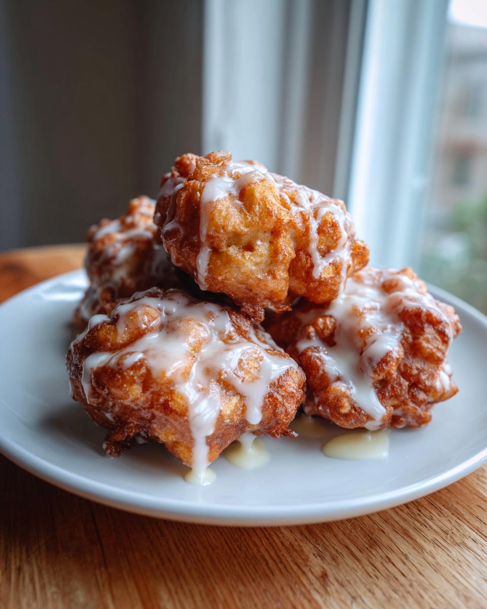A stack of four golden brown, freshly fried apple fritter mounds drizzled heavily with white vanilla glaze.