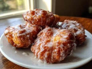 A close-up of four golden brown, freshly fried apple fritter pastries drizzled with white glaze, stacked on a white plate.