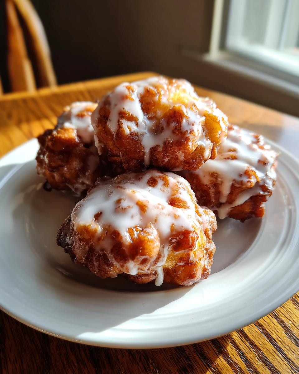 A stack of four golden brown, freshly fried apple fritter pastries drizzled with thick white glaze.
