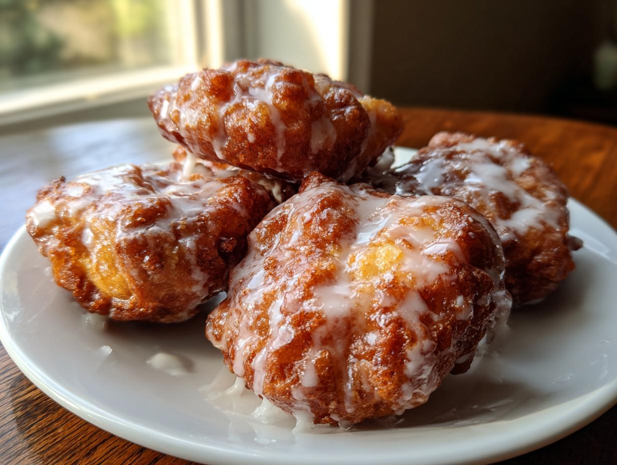 A close-up of four golden brown, freshly fried apple fritter pastries drizzled with white glaze, stacked on a white plate.