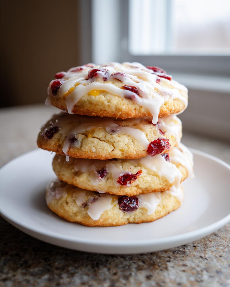A stack of three delicious cranberry orange cookies topped with a white citrus glaze.