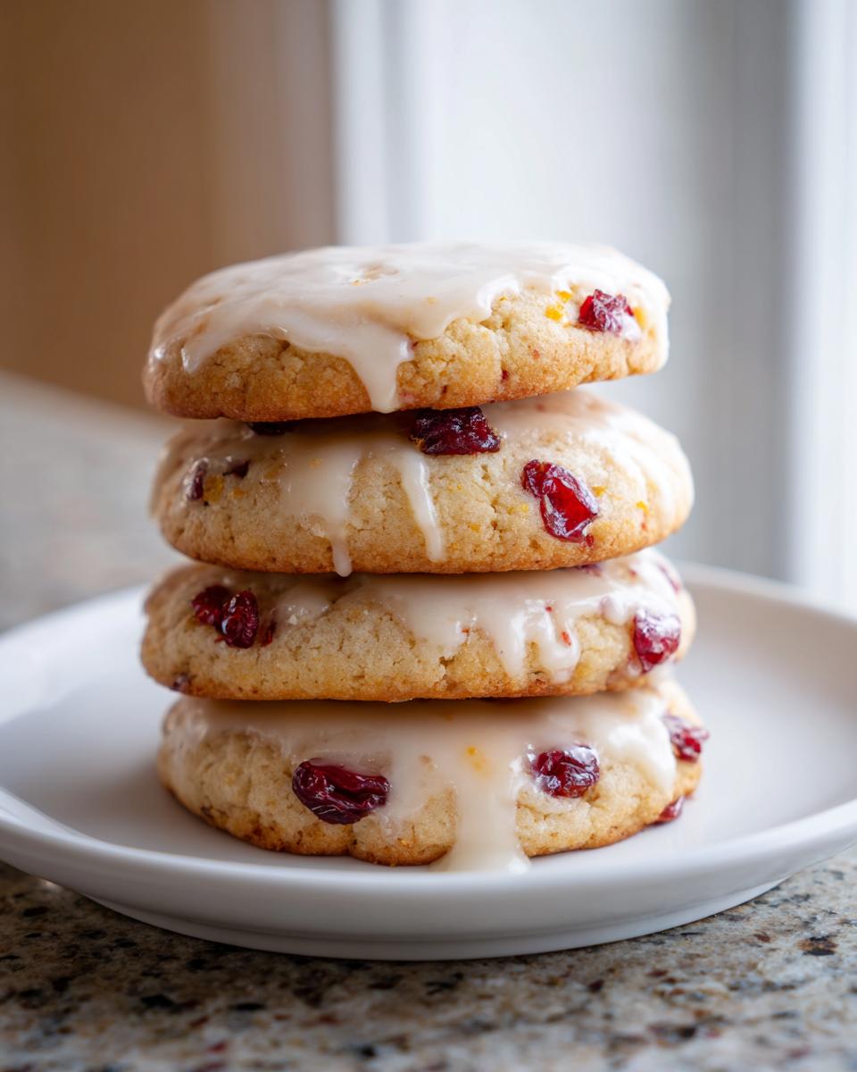 A vertical stack of four delicious cranberry orange cookies topped with a thick white glaze.