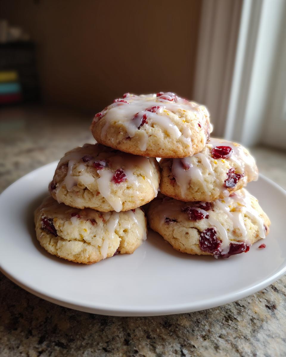 A stack of five delicious cranberry orange cookies topped with a white citrus glaze.