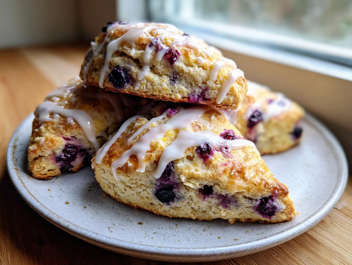 A stack of freshly baked lemon blueberry scones drizzled with white lemon glaze, sitting on a speckled plate.