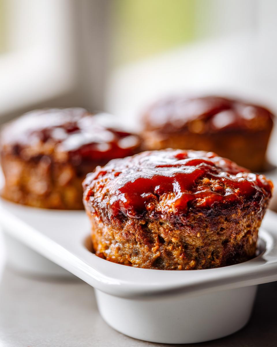 A close-up shot of a perfectly baked mini meatloaf topped with a shiny red glaze, sitting in a white individual serving dish.
