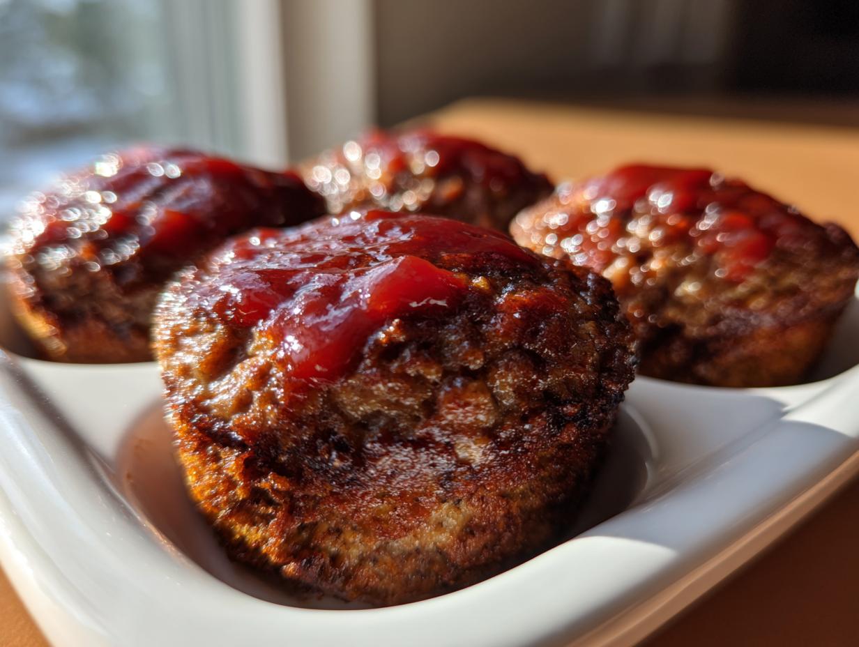 Close-up of four perfectly baked mini meatloaf portions topped with shiny ketchup glaze, served in a white dish.