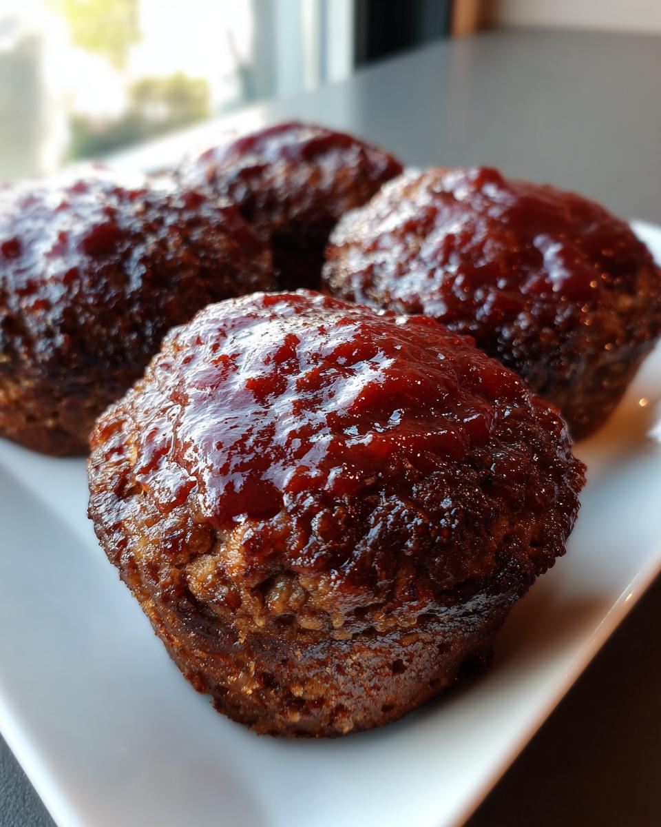 Close-up of four perfectly baked mini meatloaf portions topped with a shiny, dark red glaze.