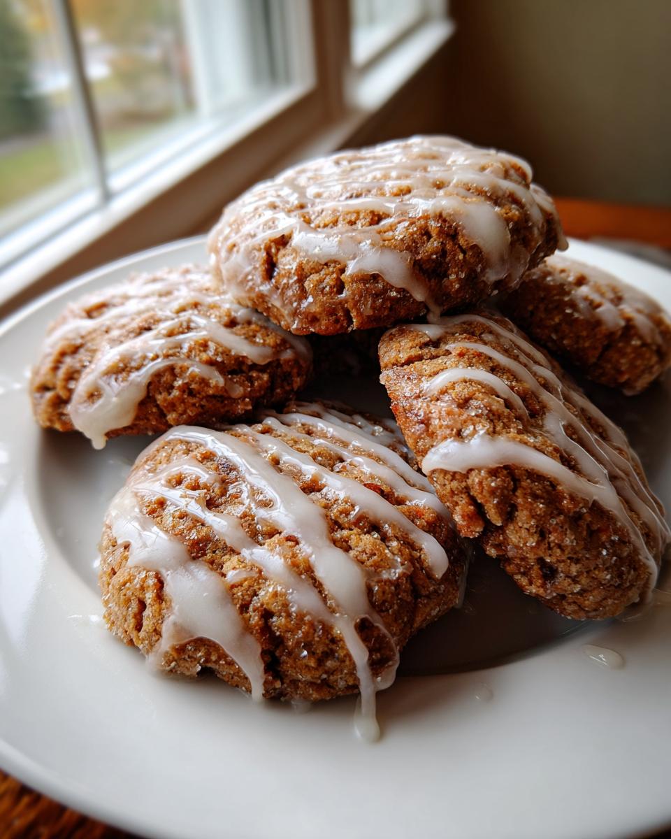 A stack of soft, brown persimmon cookies generously drizzled with white vanilla glaze, resting on a white plate near a window.