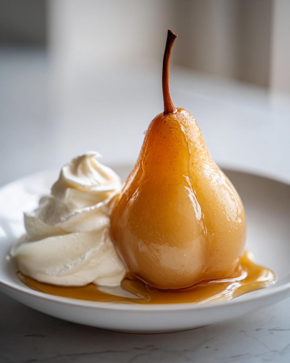 A single, beautifully glazed poached pear served with a swirl of whipped cream on a white plate.