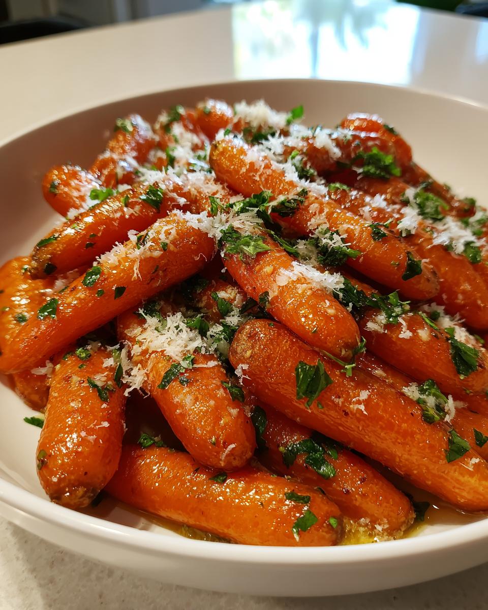A close-up of glossy, glazed roasted baby carrots sprinkled with grated Parmesan cheese and fresh parsley.