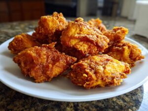 A close-up of several golden-brown, crispy fried chicken wings piled high on a white plate.