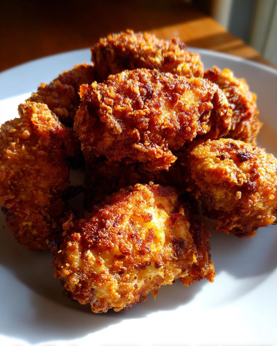 Close-up of golden brown, crispy fried chicken wings piled on a white plate, catching bright sunlight.