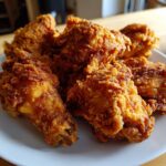 Close-up of several pieces of golden brown, crispy fried chicken wings piled on a white plate.