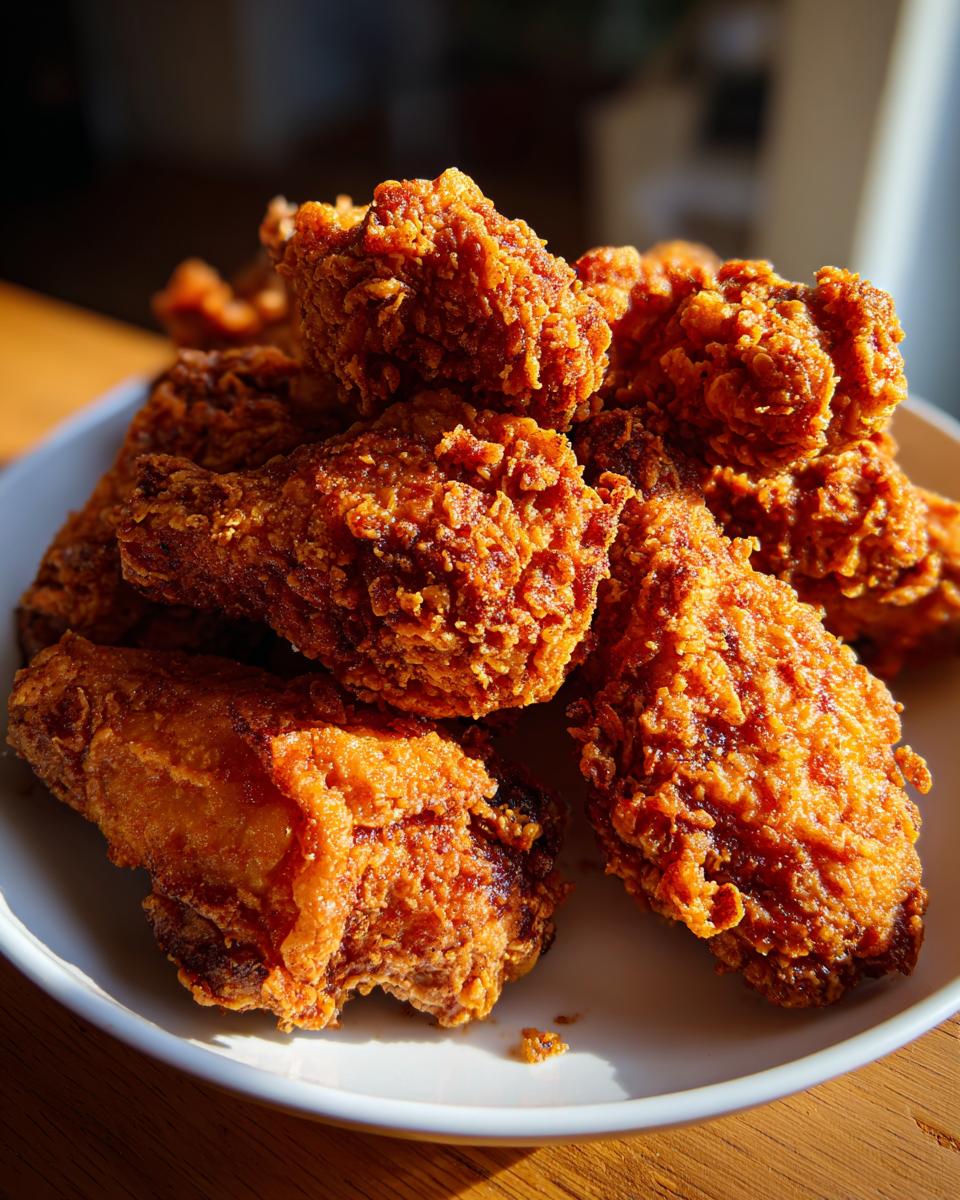 A close-up of a pile of golden brown, crispy fried chicken wings served on a white plate.