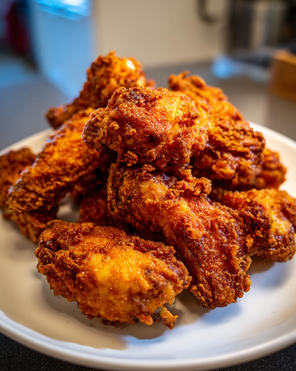 Close-up of a pile of golden-brown, crispy fried chicken wings stacked on a white plate.