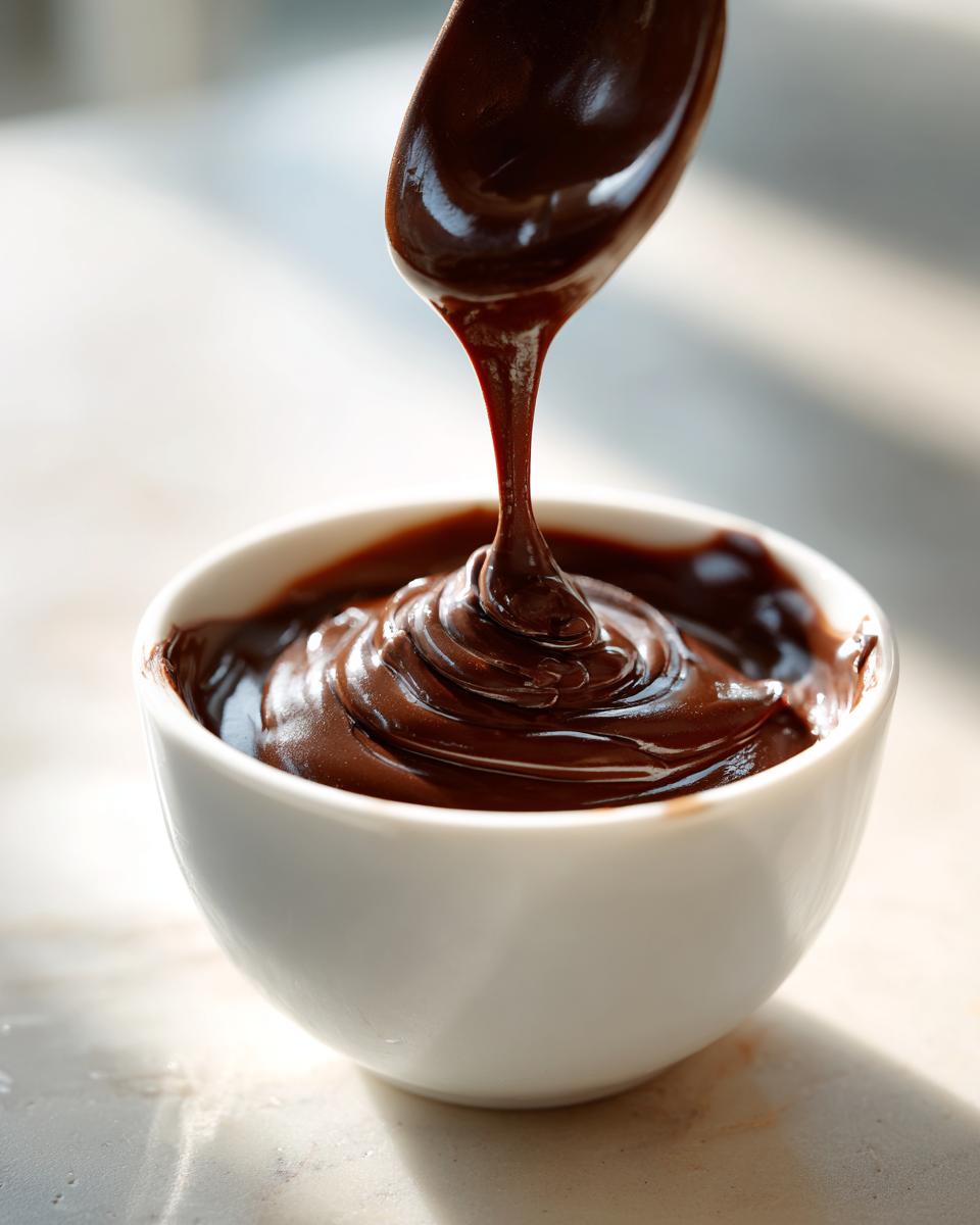 A spoon drips glossy, melted chocolate dip into a small white bowl, showing rich texture.