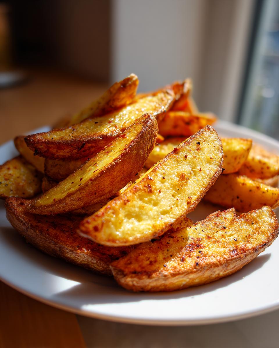 A close-up of perfectly cooked, golden brown air fryer potato wedges piled high on a white plate.